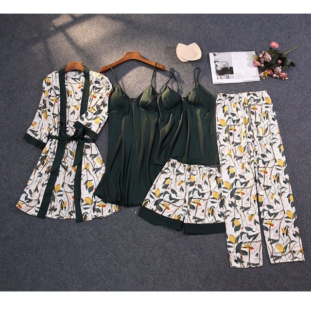 Pijama de seda de verano para mujer con almohadilla en el pecho, cárdigan estampado, ropa de casa fina de cinco piezas de seda