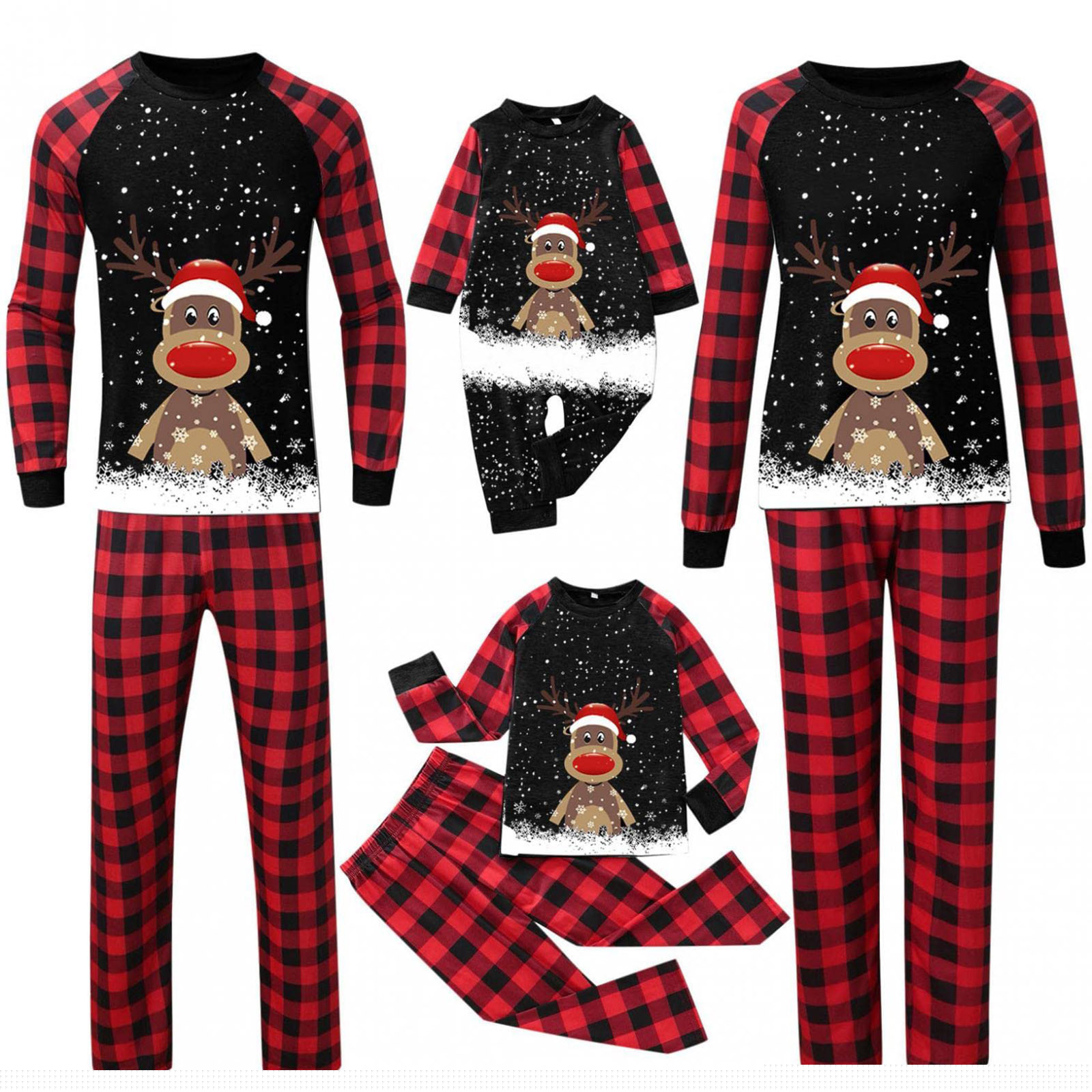 thumbnail image 1 of Baikeli Christmas Pajamas pour la Famille Ensemble de Pyjamas Assortis Amusants avec Graphique d'Orignal et de Cerf Doux à Carreaux Rouges et Noirs à Manches Longues, 1 of 4
