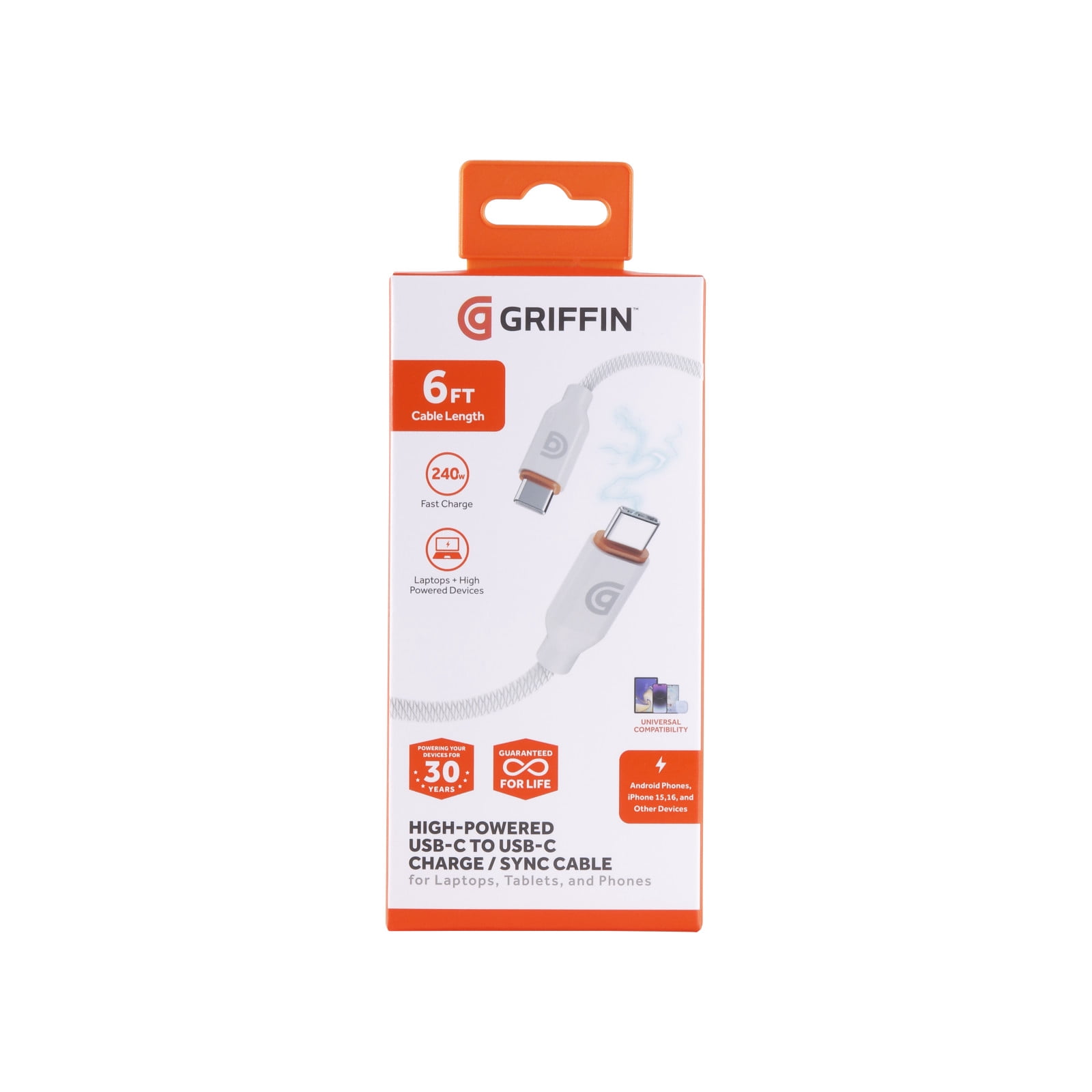Griffin 10FT High-Powered USB-C to USB-C Charge & Sync Cable - Fast Charging for Laptops, Tablets, Phones, USB-C Cable, Durable Braided Cable, Universal Compatibility, 240W Power Delivery