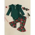 thumbnail image 4 of Baby Toddler Girl Christmas Outfit, 0 3 6 12 18 Months Ruffle Long Sleeve Ribbed Romper Santa Claus Print Plaid Flare Pants Headband 3 Piece Clothing Set, 4 of 9