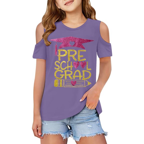 MIXUE Tween Girls Tops & T-Shirts Summer Preschool Graduation Cartoon Dinosaur Print Round Neck Off Shoulder Short Sleeve Loose Casual T Shirts Daily-Wear,Purple,11-12 Years
