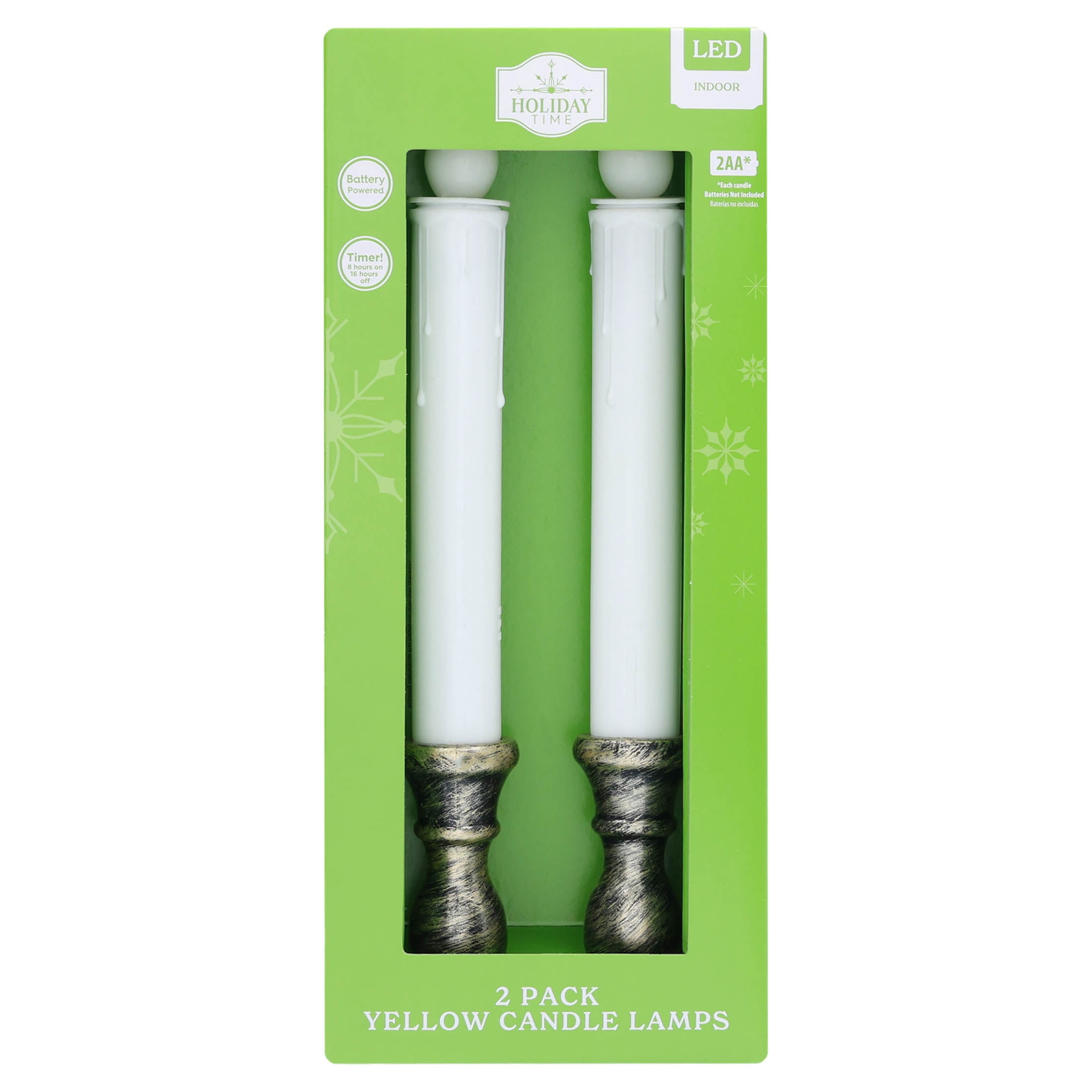 Indoor Battery-Operated LED Flameless Christmas Taper Candle Lamps, Yellow, 9.5", 2 Count, by Holiday Time