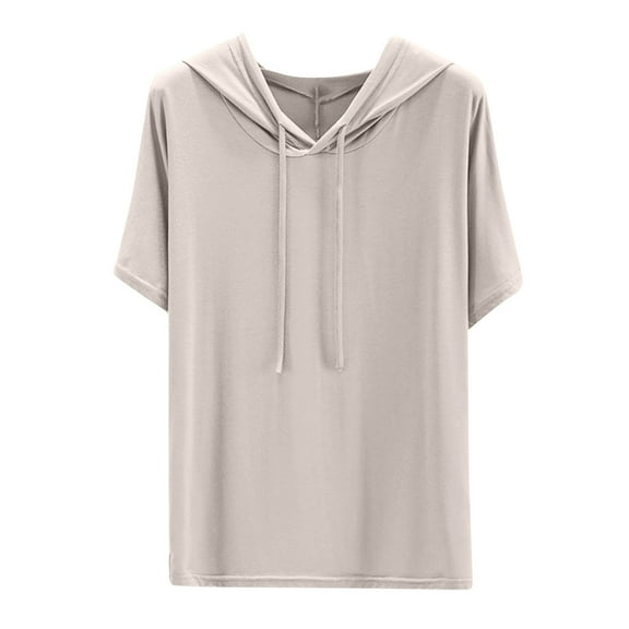 Staron Women's Casual Hooded Top Short Sleeve Round Neck Solid Color Loose Comfy T-Shirt, Gray XXL