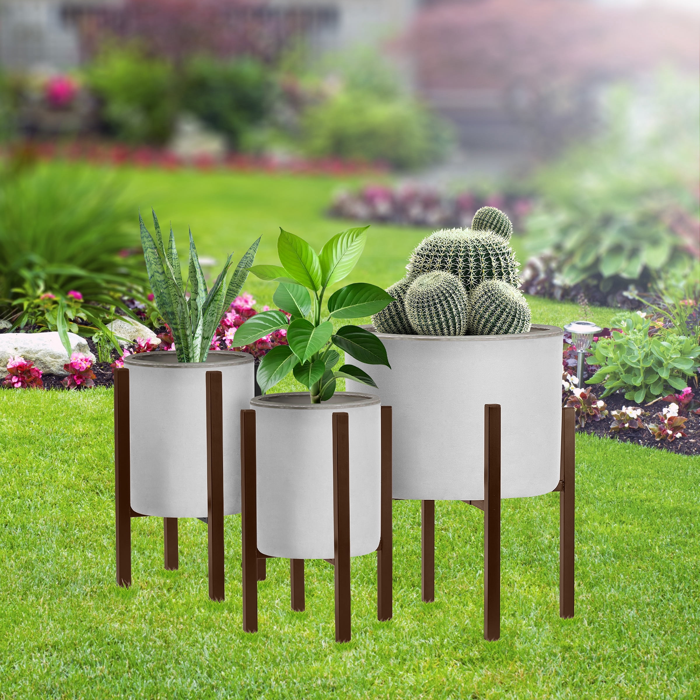 Sorbus Metal Plant Pot Stand 2 Pack, Adjustable 10-16 Inch Planter Holders, Mid Century Décor, Brown