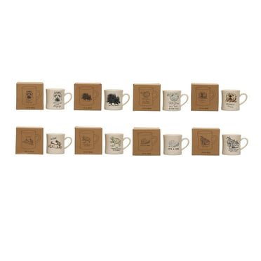 Creative Co-Op 5 Inches Round Stoneware Mug with Animal Print Designs and Storage Box, Cream, Set of 8