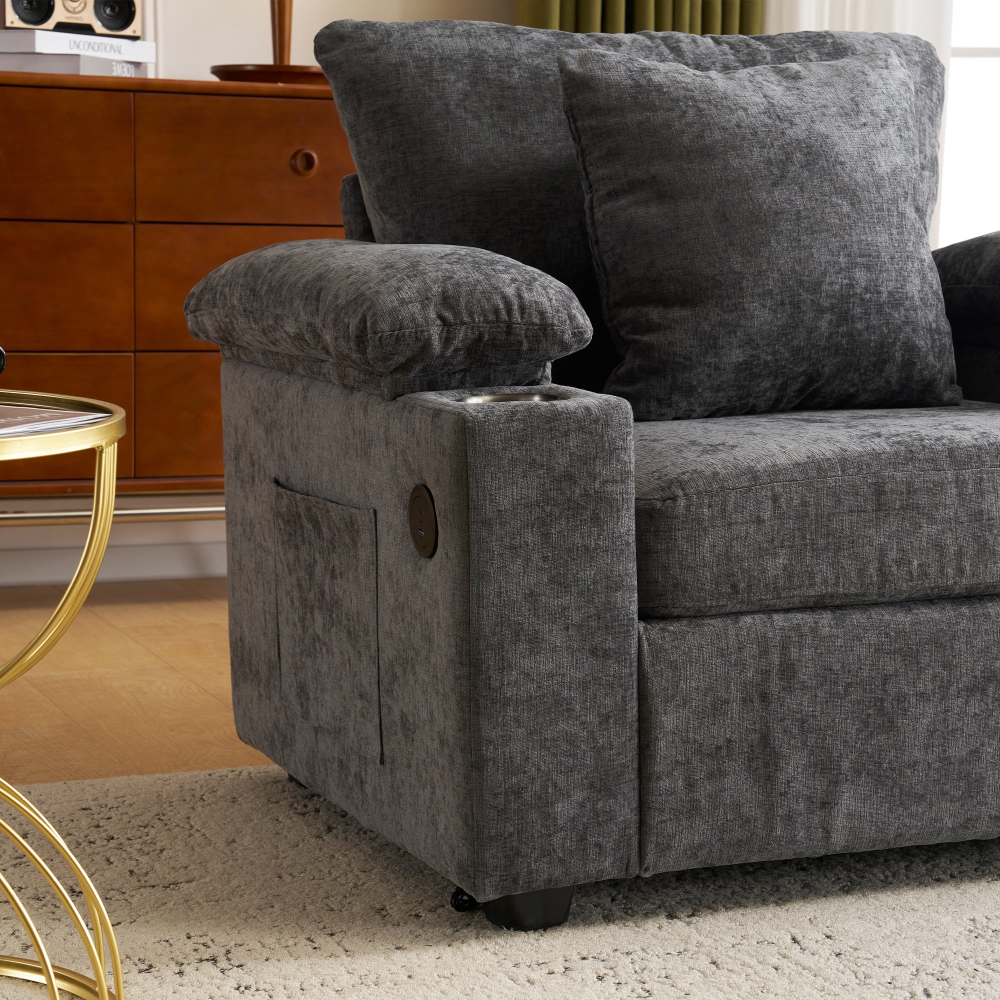 Aukfa 58" Chaise Lounge Oversized Sofa Chair with 2 Cup Holders&USB Ports, Chenille, Dark Gray