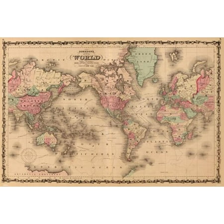 Map Of The World Mercators Projection A J Johnson 1860 Vintage Historical Cartographic Print Poster