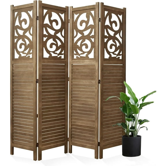 Room Divider Wood Carved Wall Divider Indoor Folding Portable Partition Screen for Home Office Garden Terrace - 4 Panel, 67 * 60inch (Dark Brown)