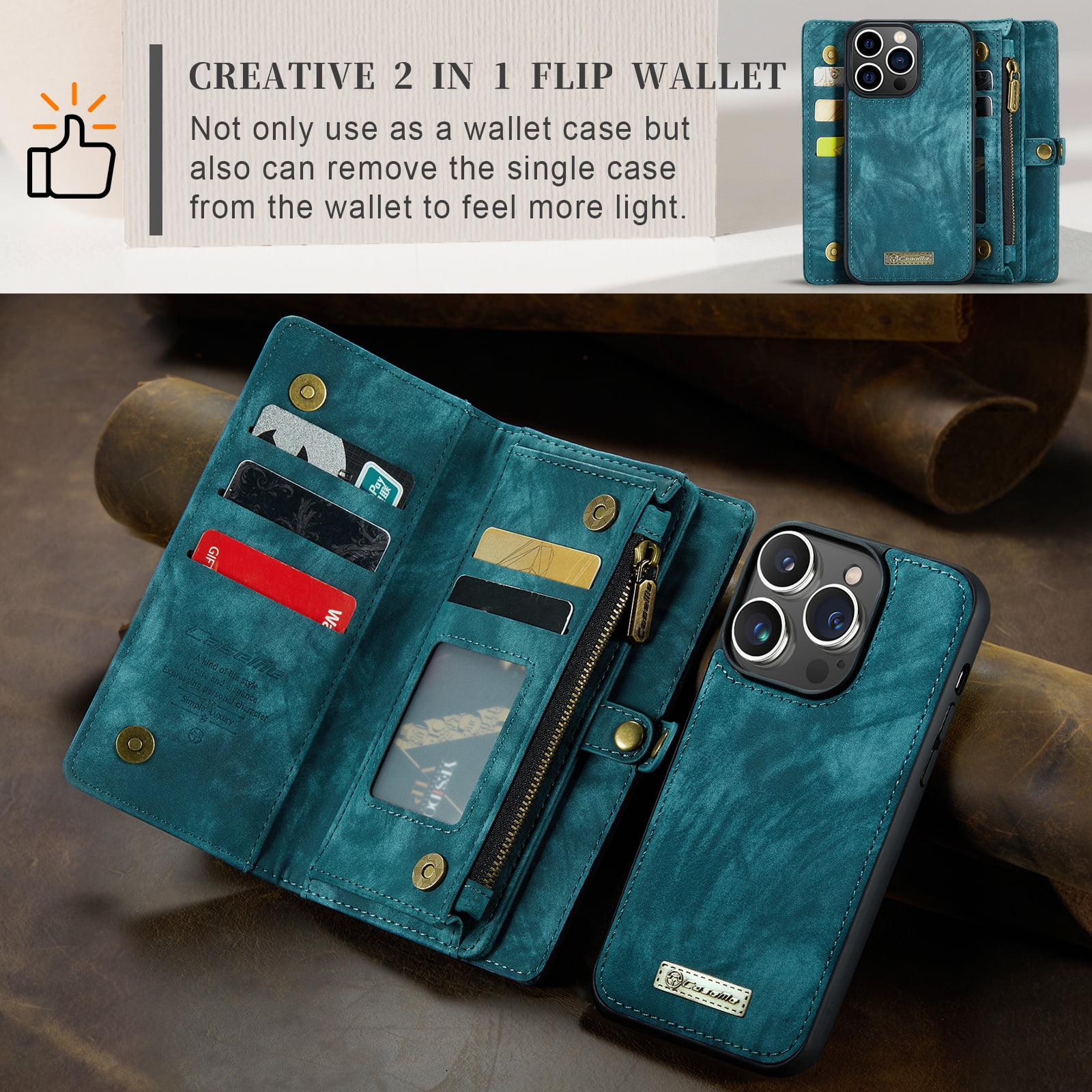 Feishell Durable 2-In-1 Magnetic Detachable Wallet Case for iPhone 15 Pro,for Women Men,Premium PU Leather Zipper Pocket Flip Multi Card Slots Purse Phone Case with Wrist Strap,Green