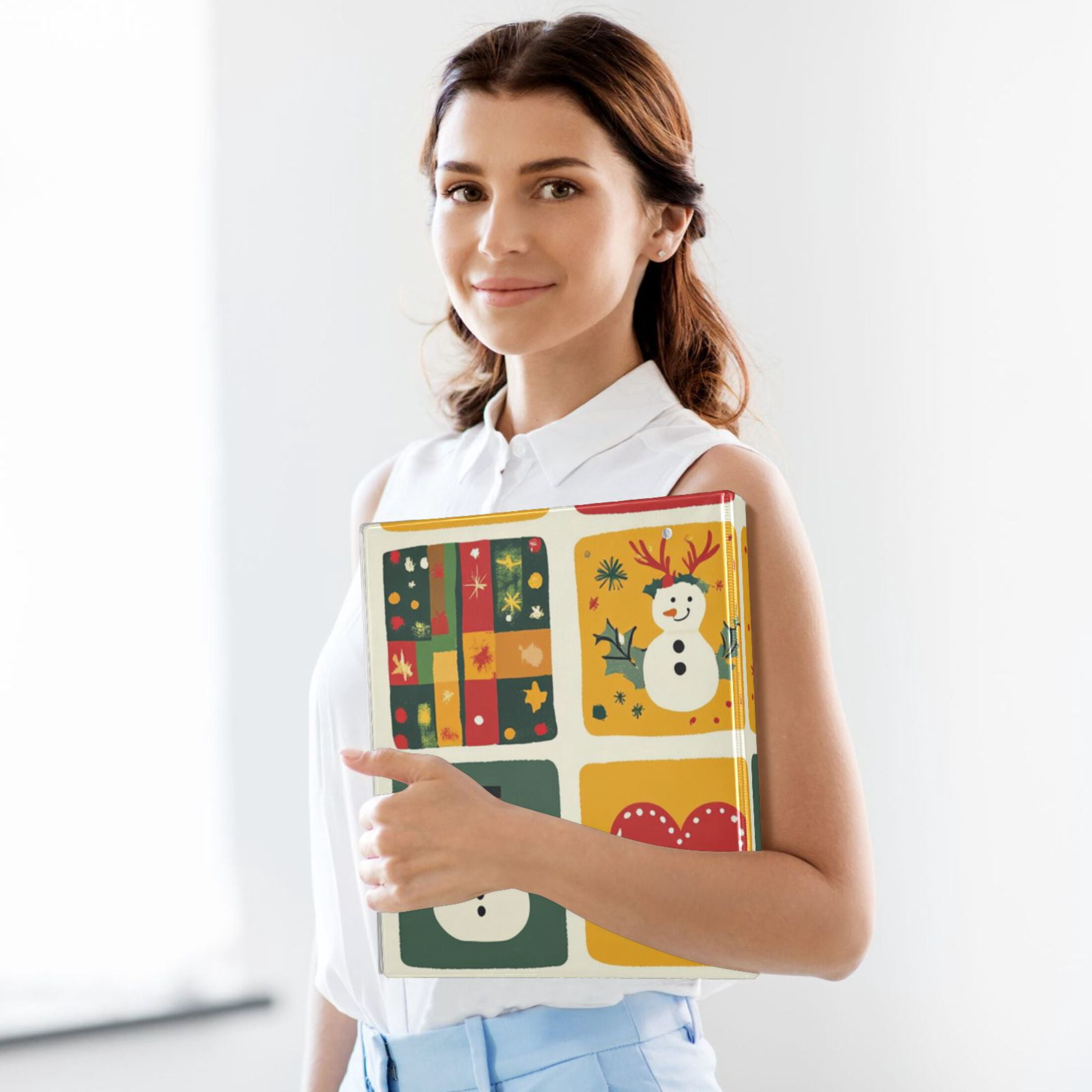 Christmas Squares Snowmen 3 Ring Binders 1.5 inch Hardcover File Folders with Interior Pockets A4 Size Organizer for School Office Hospital