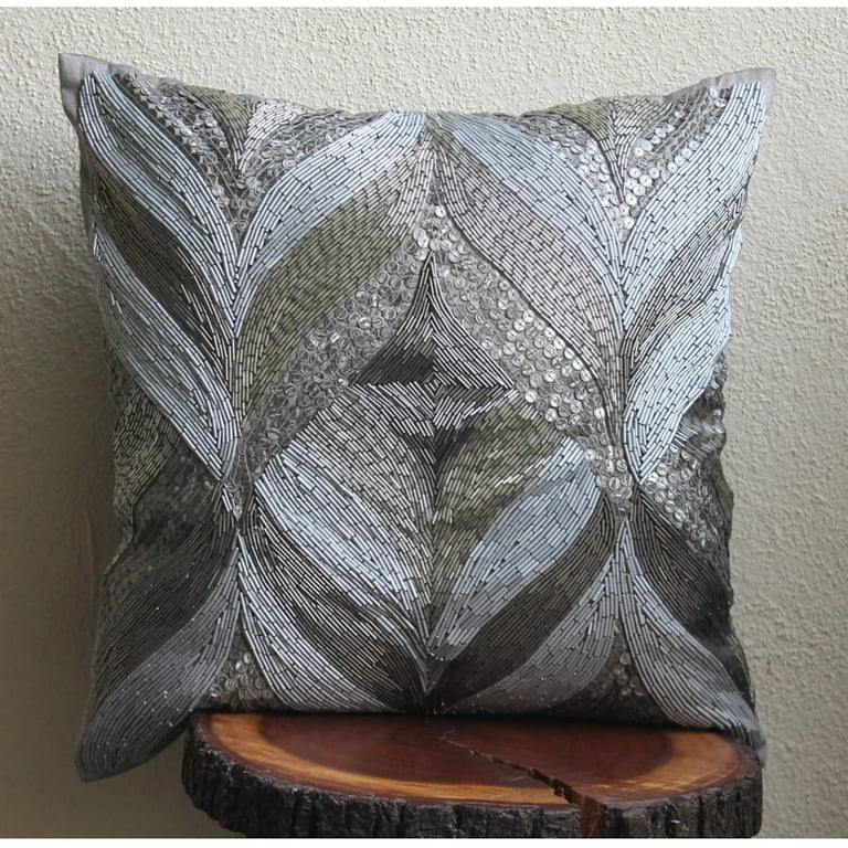 Geometric Grey beaded pillow