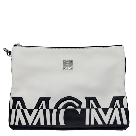 Pre-Owned MCM Logo Medium Lambskin Leather Pouch White