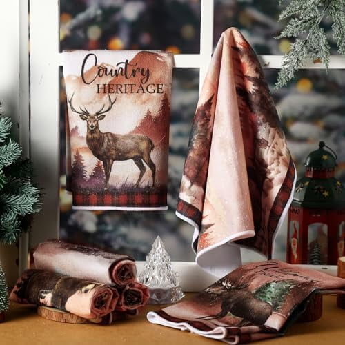 6 Pcs Wildlife Kitchen Towels 16 x 24 Inch Rustic Forest Animals Hand Towels Moose Dish Cloths Bear Deer Cabin Tea Absorbent Dishcloth for Kitchen Bathroom Woodland Wild Life Decor