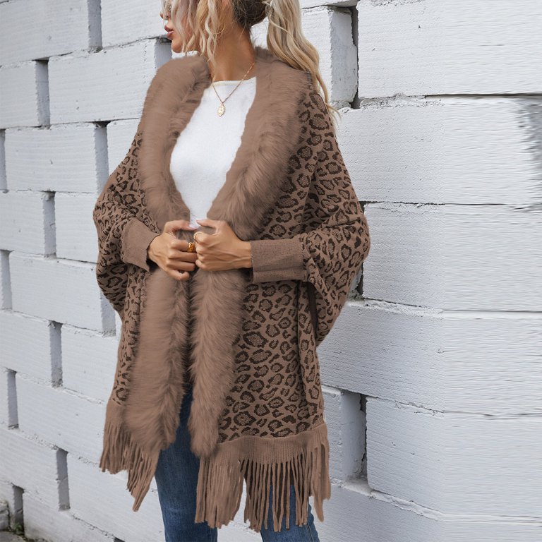 Women's Sweater Coat Shawl Cardigan Batwing Sleeve Faux Fur Collar Loose  Wrap