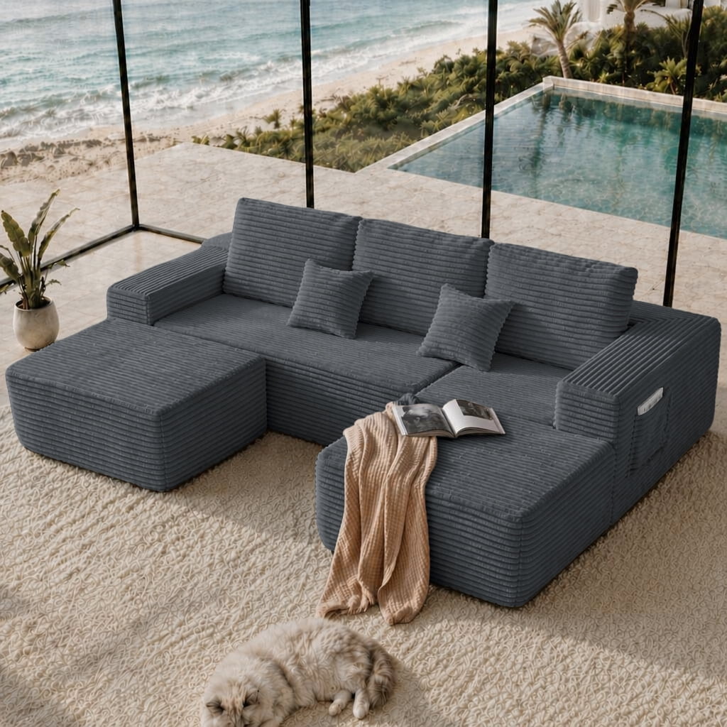 Cloud Sectional Sofa 104 Inch, U-Shape Modular Couch with Side Pockets and Deep Seating, Upholstered Living Room Sofa, No Assembly Required, Grey, Right Chaise