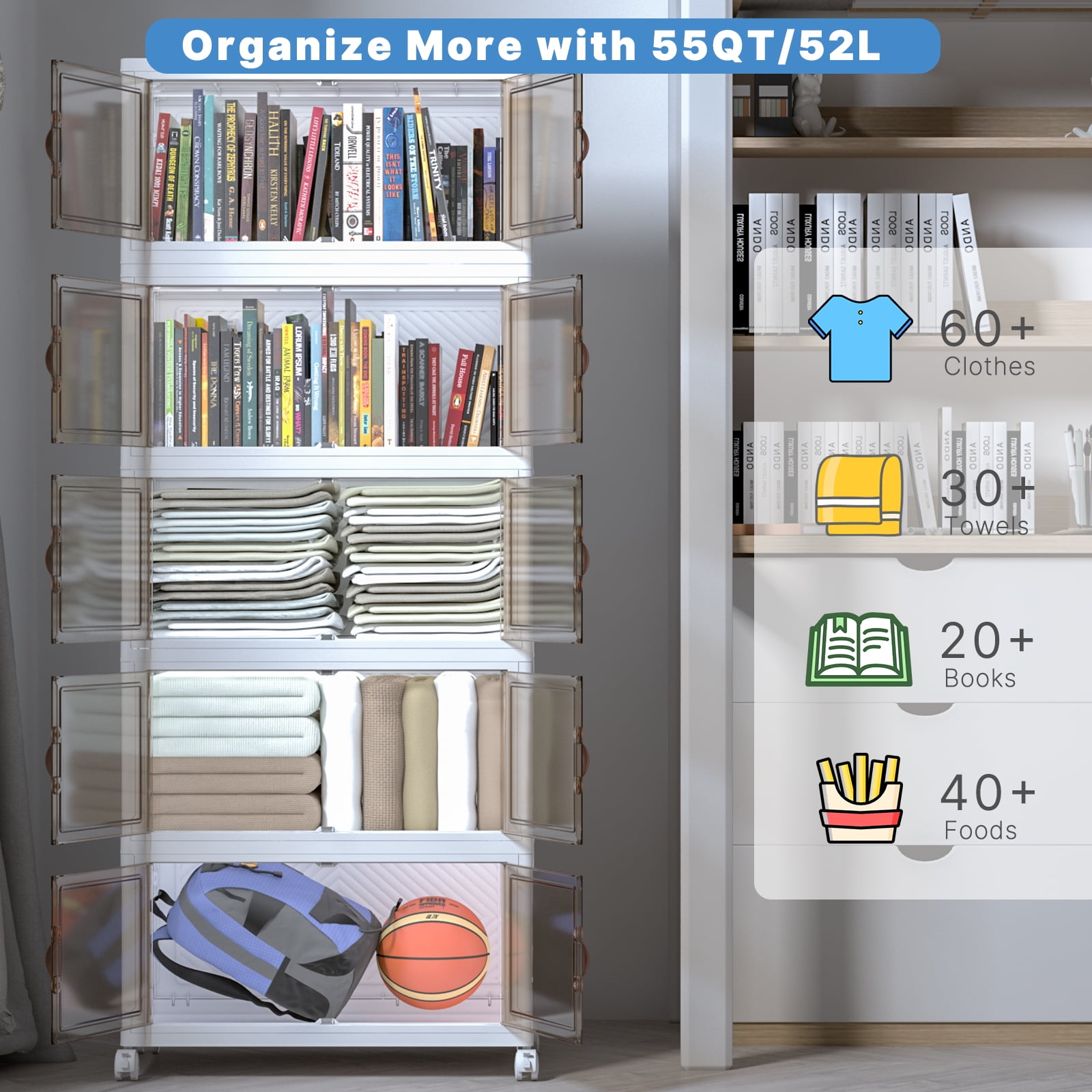 UAMFURI 260QT Stackable Storage Bins with Lids and Wheels, Foldable Closet Organizers, 13GAL*5Pack Plastic Storage Drawers for Office, Bedroom, Dorm