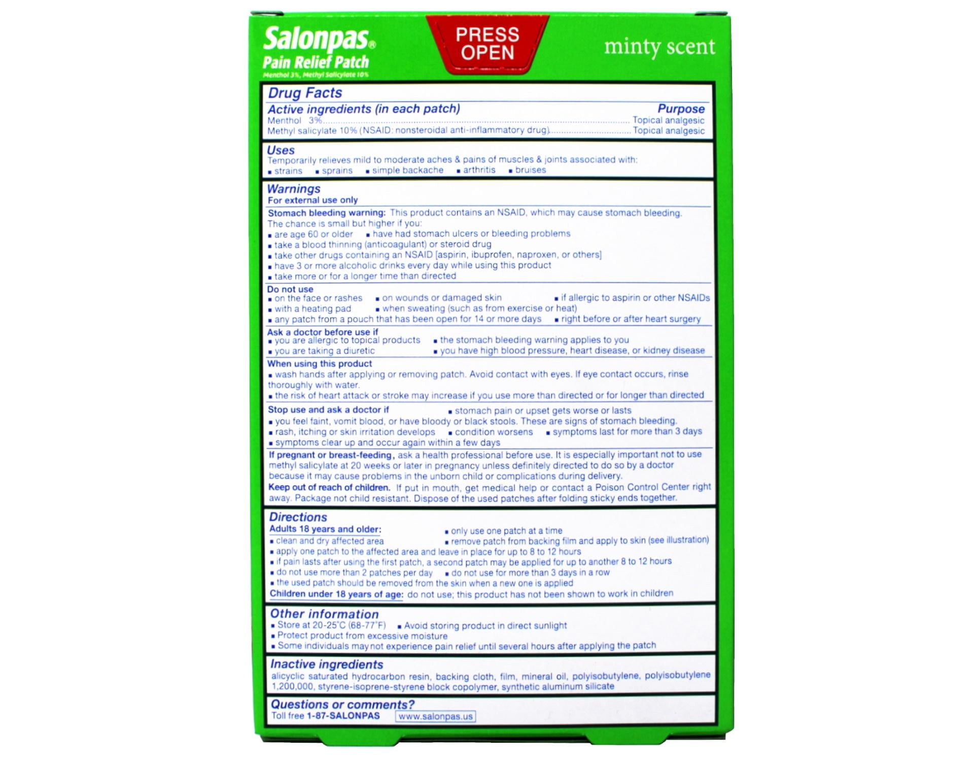 Salonpas Pain Relieving Menthol and Methyl Salicylate Patch, 20 Count, for Back, Neck, Shoulder, Knee Pain and Muscle Soreness, 12 Hour Pain Relief - 5 Pack