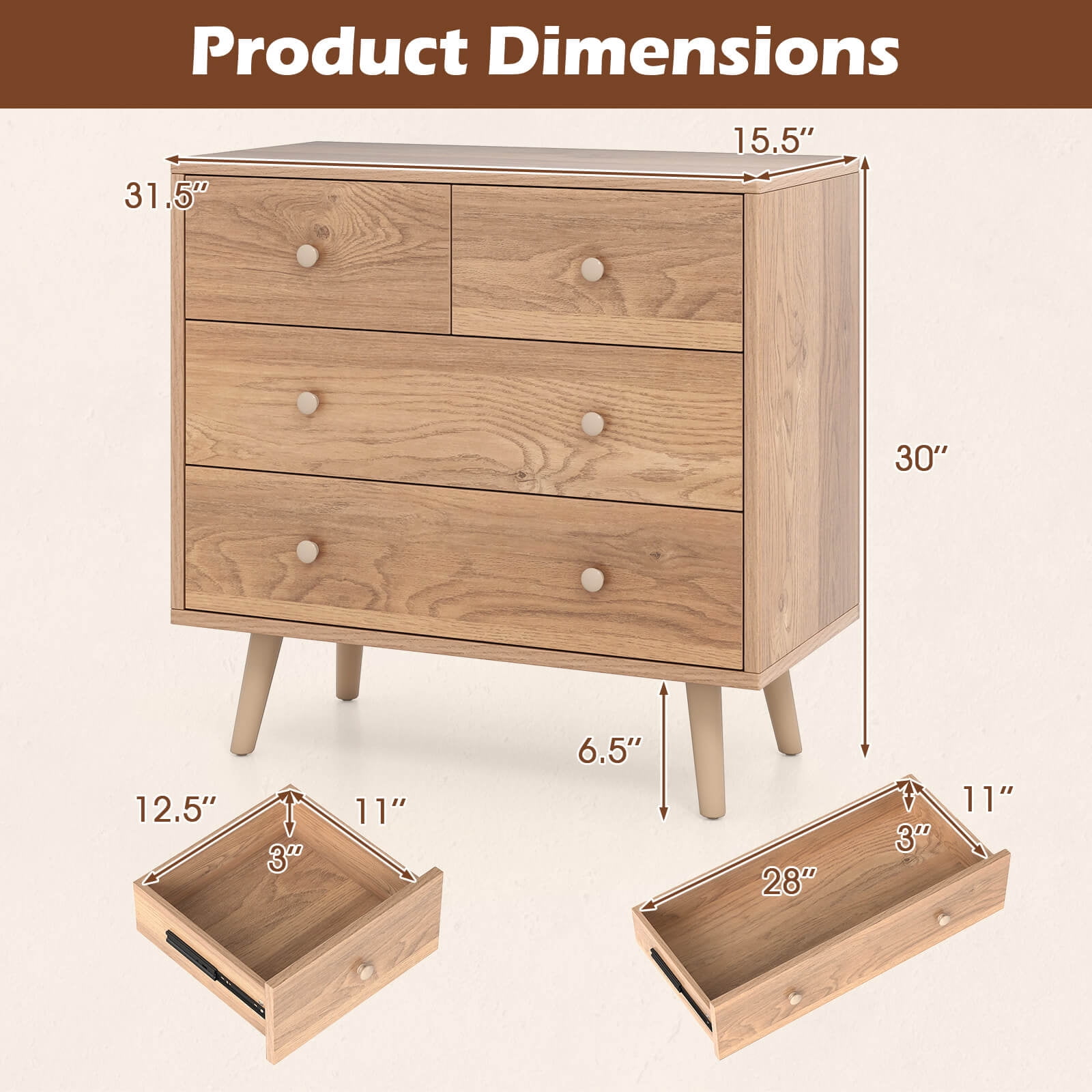 Costway 4 Drawer Dresser for Bedroom Wide Chest of Drawers with Metal Guide Rails Natural