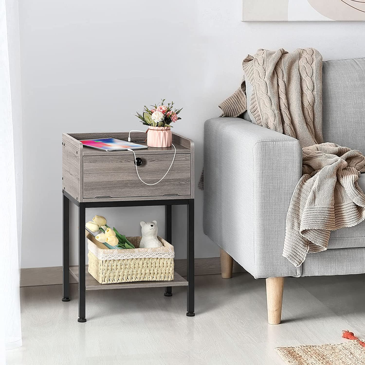 Wood Side Table with Charging Station Nightstand End Table with Storage Drawer, Gray