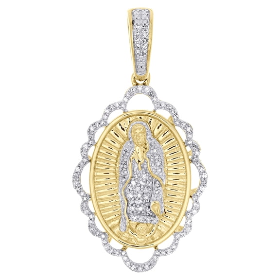 10K Yellow Gold Genuine Diamond Faceted Oval Frame Mother Mary Pendant 1/5 CT