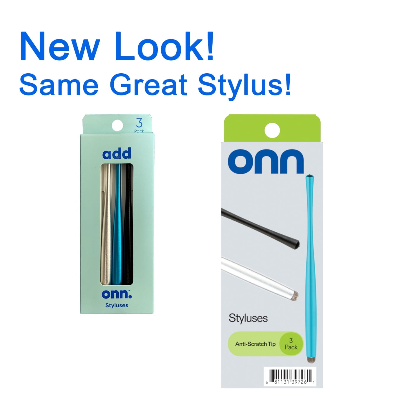 onn. Touch Pen Tablets Smartphone Styluses, Anti-Scratch Rubber Tips, 3 Count - Black, Blue, Gray