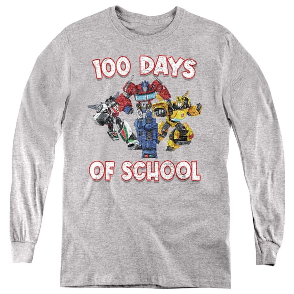 Transformers 100 Days of School Youth Long Sleeve T Shirt, Athletic Heather, Medium