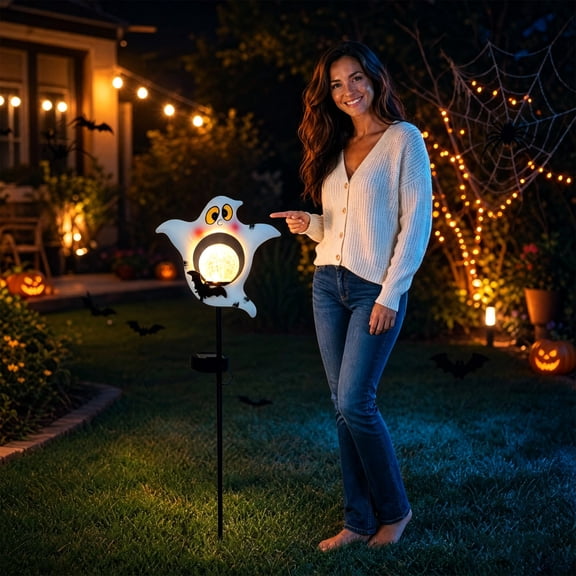 Halloween Solar Ghost Ground Stake Light, Waterproof Outdoor Garden Yard Decor, Spooky Solar Ghost Light for Halloween Party and Yard