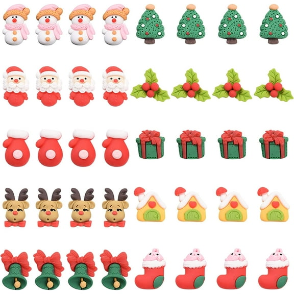 40Pcs 10 Styles Christmas Theme Resin Cabochons Flatback Charms Embellishment Xmas Santa Claus Cabochon Wreath Charms Elk Making Scrapbooking Craft Supplies Decorations Mixed Color 1set