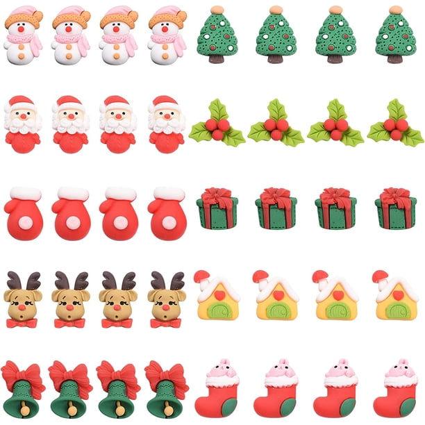 40 cabujones de resina con temática navideña, 10 estilos, con reverso plano, adornos navideños, cabujones de Papá Noel, coronas de alce