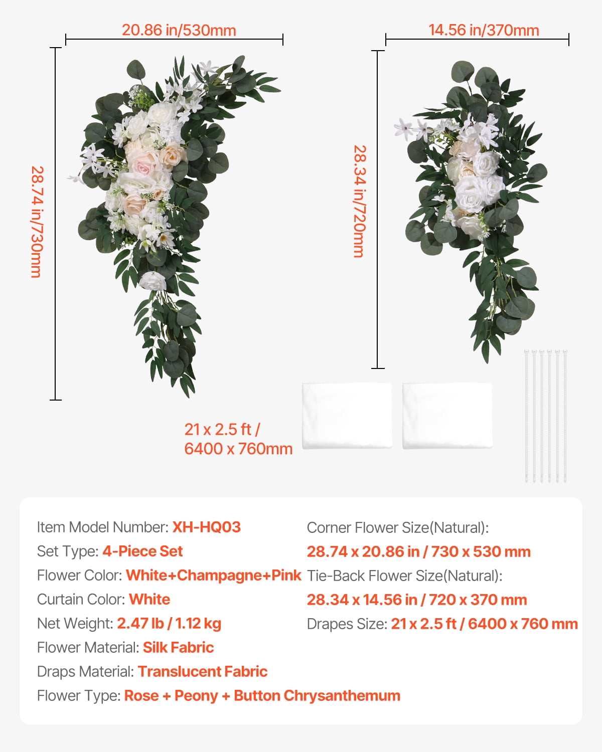 VEVOR Artificial Wedding Arch Flowers Kit, White Wedding Arch Flowers with Drapes Kit (Pack of 4) - 2 Pcs Floral Arrangement, 2 Pcs Sheer Drapes, for Ceremony Bouquets Reception Backdrop Decoration