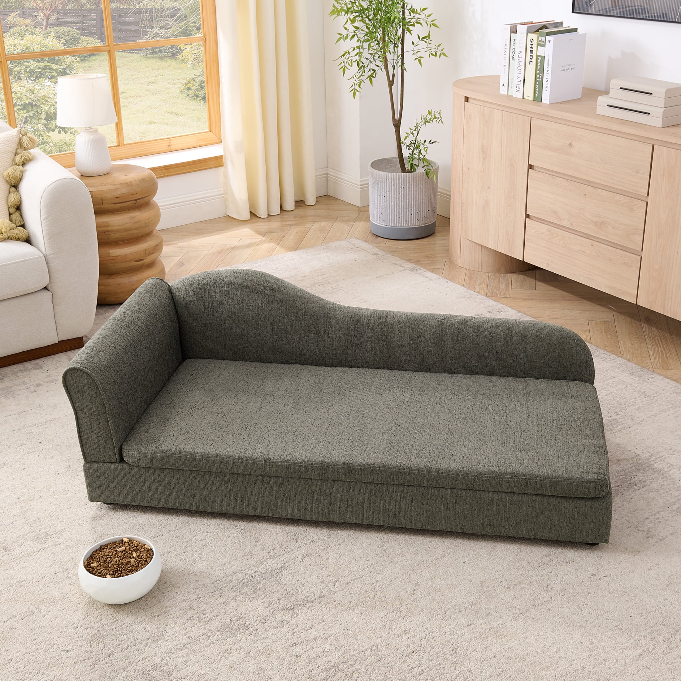 Noble House 55" Linen Upholstered Oversized Pet Sofa, Irregular Wave Backrest Dog Bed with Single Armrest, Dark Gray
