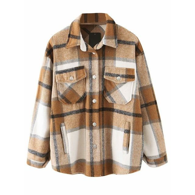 Diconna Women's Casual Plaid Blended Button Long Sleeve Shirt Jacket