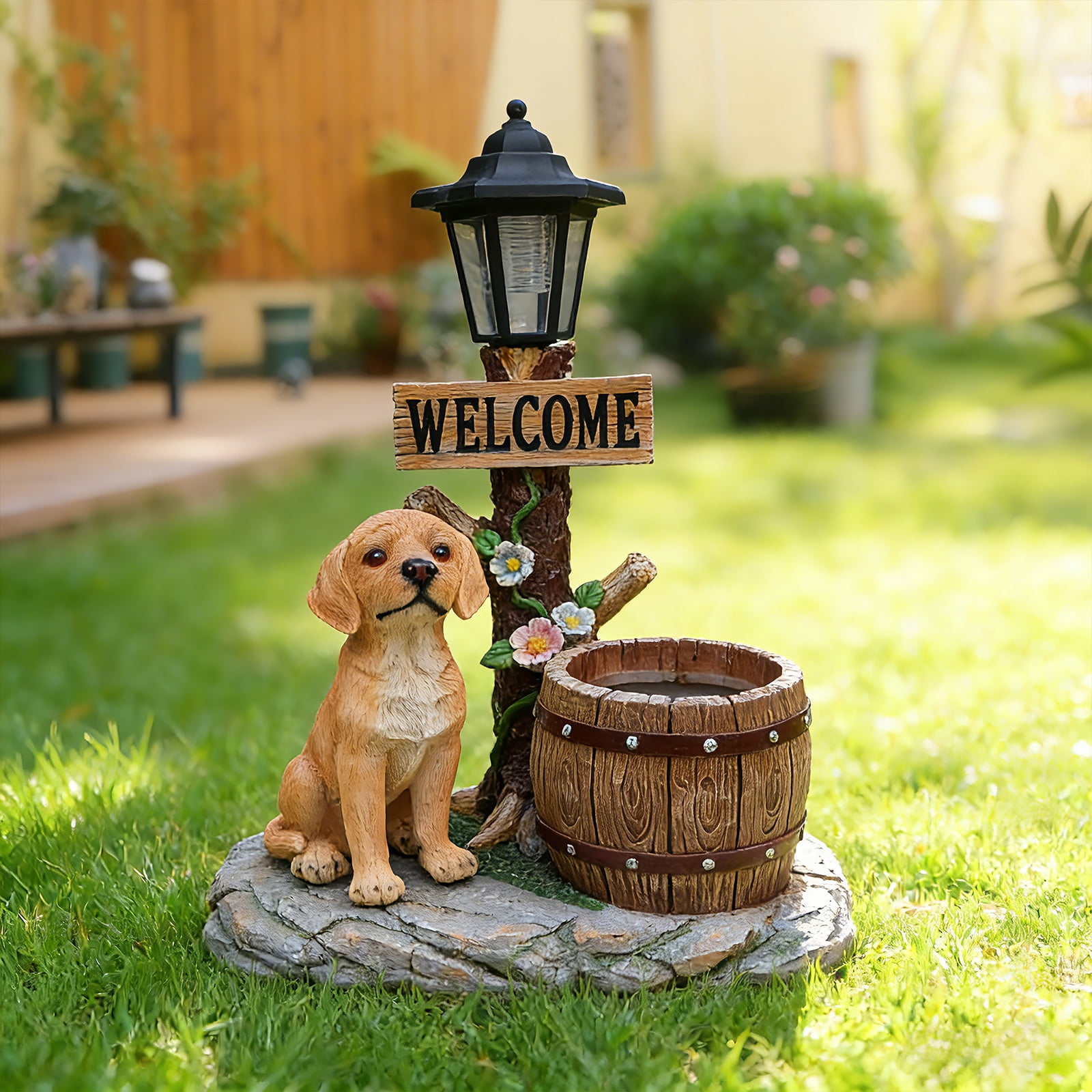18.5" H Solar Garden Statue Planter,Resin Labrador Figurine with Solar LED Light,Garden Sculptures with Flowerpot Decor for Yard Art Lawn Ornaments Porch Patio Balcony,Brown
