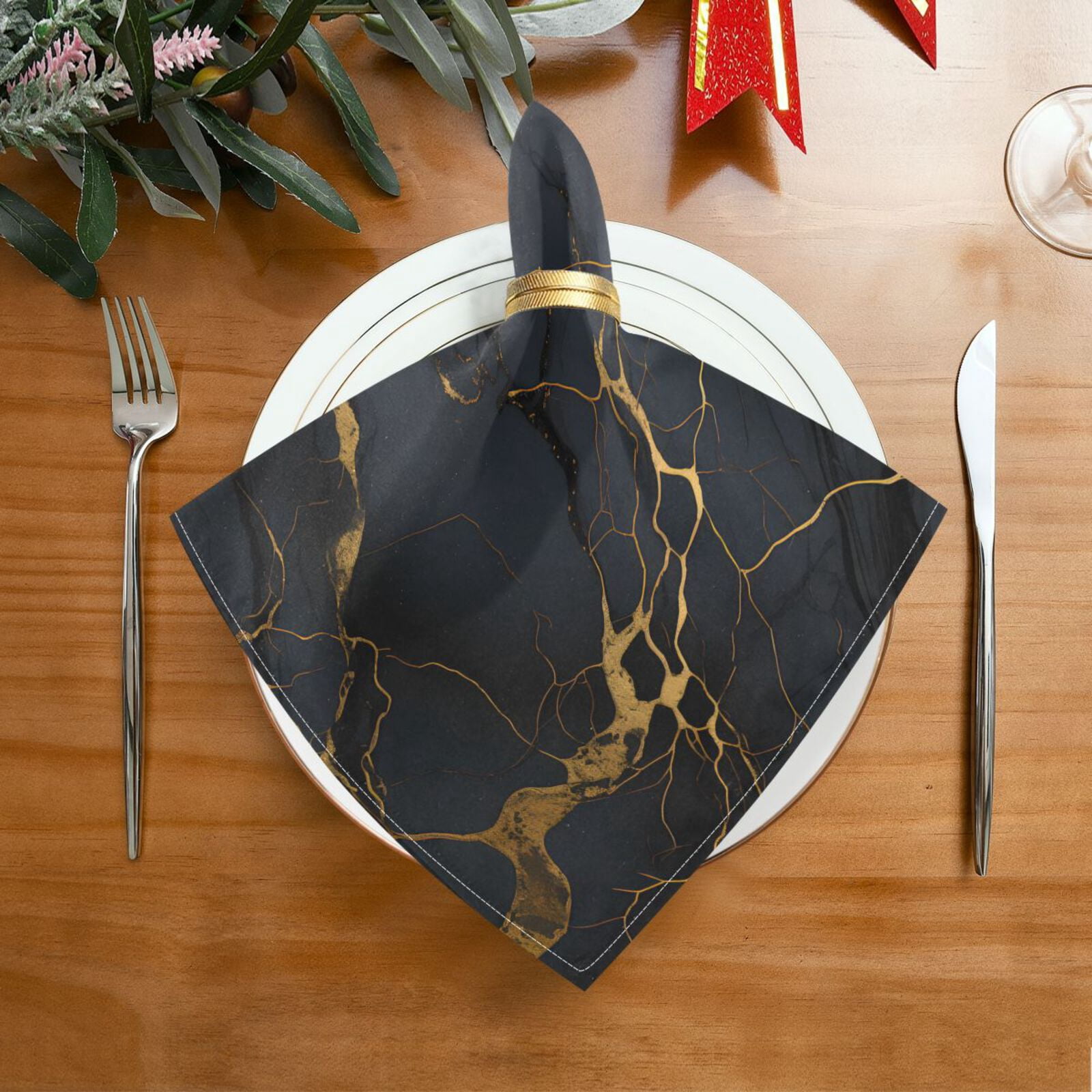 JSTEL Black & Gold Marble Cloth Napkins Set of 6, 20x20 Inch Washable and Reusable Napkin for Decoupage Dinner Party Everyday Use