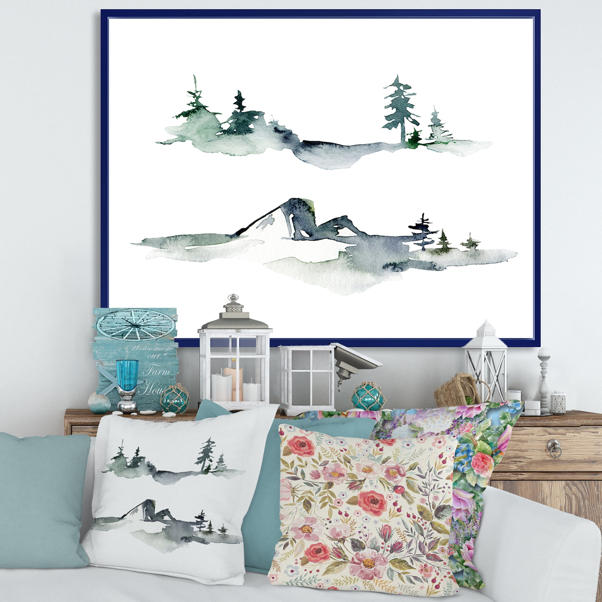 Designart 'Trees With Winter Dark Blue Mountain Landscape I' Modern Framed Canvas Wall Art Print