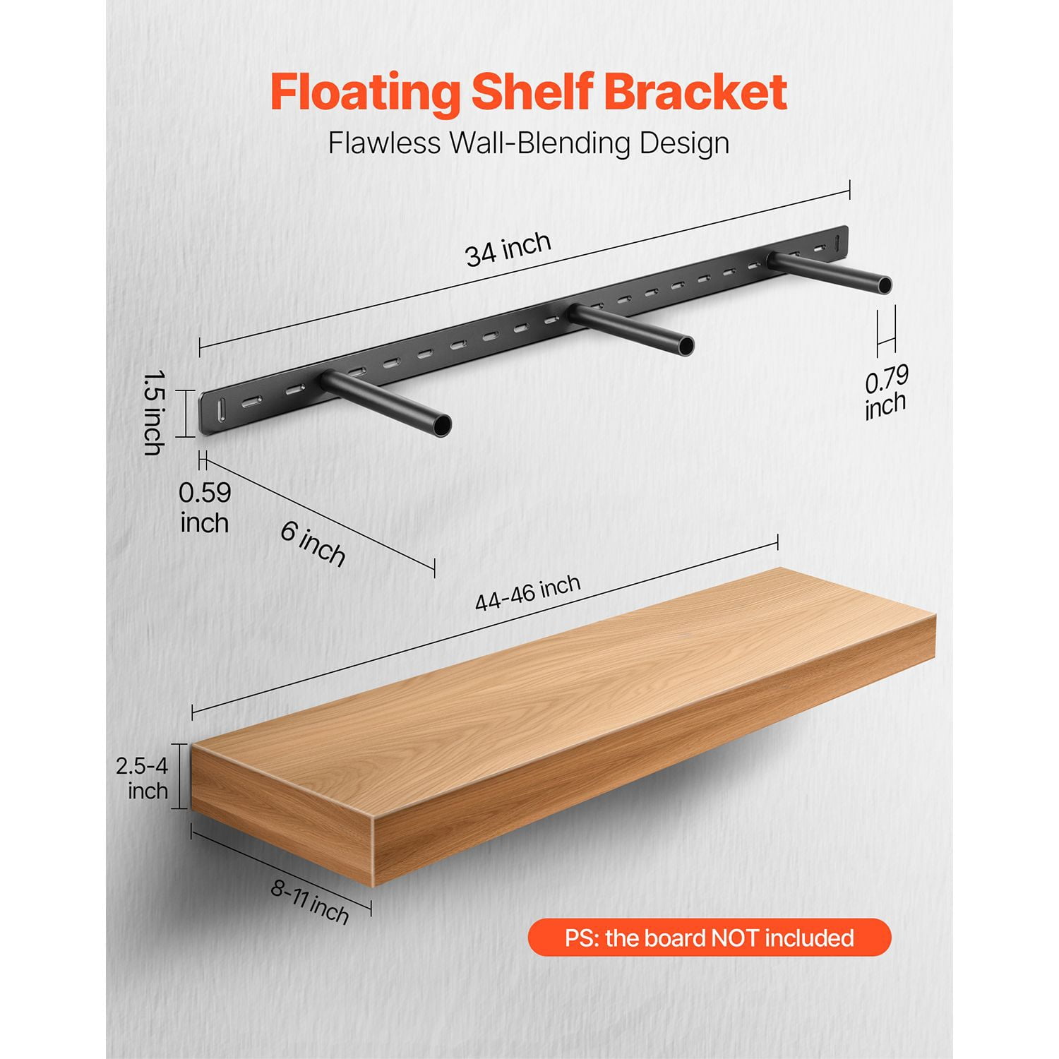 Heavy Duty Floating Shelf Brackets, Concealed Design, Supports up to 190 lbs, Rust-Resistant Steel, 16-46 Inch Sizes, for Living Room, Kitchen, Bedroom & Garage