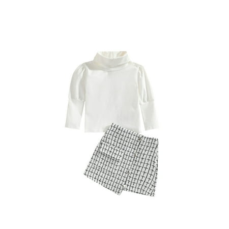 

Baby Girl Outfits Long Sleeve Turtleneck Top and Irregular Plaid Button Mini Skirt 2 Piece Clothes