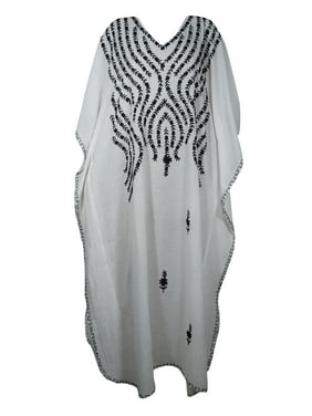 Mogul Women White Maxi Caftan Dress Floral Embroidered Kimono Resort Wear Cover Up V-Neckline Long Kaftan 4XL