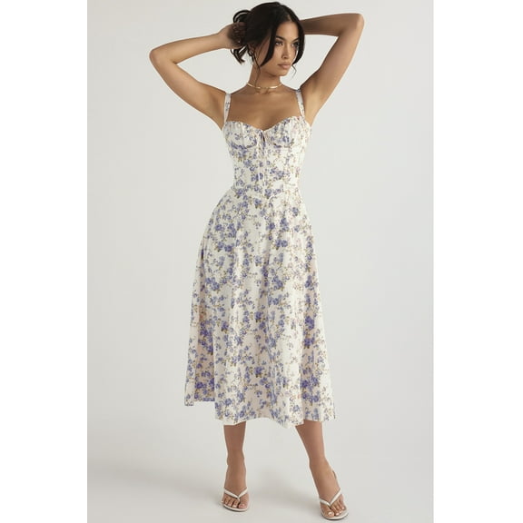 Summer Hawaiian Long Dresses Floral Midi Corset Dress Boho Flowy Slit Lace Up Dresses for Women Going Out A Line Casual Sundress