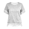 thumbnail image 5 of JTZGDY Vintage Fringed Patchwork Shirts for Women Trendy Summer Short Sleeve Boho Floral Printed Crew Neck Graphic T-Shirts Lightweight Cozy Tassles Tunic Blouse Loose Fit Pullover Tops, 5 of 7