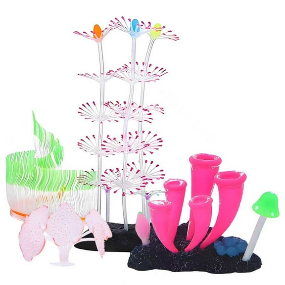 VNEKVA 4PCS Glowing Artificial Aquarium Decorations – Silicone Coral Reef Plants for Fish Tanks, Small & Large Bowls – Glow Effect Under LED Light