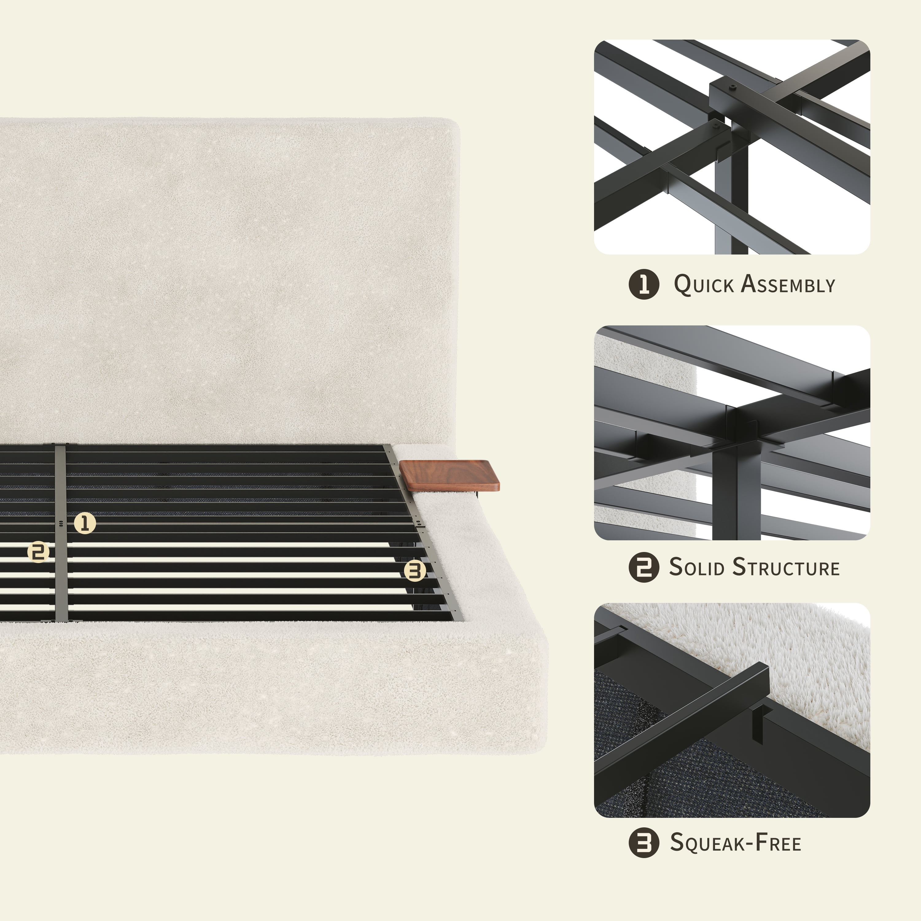 Queen Size Cloud Bed Frame with Headboard Shelves and Low-Profile Design