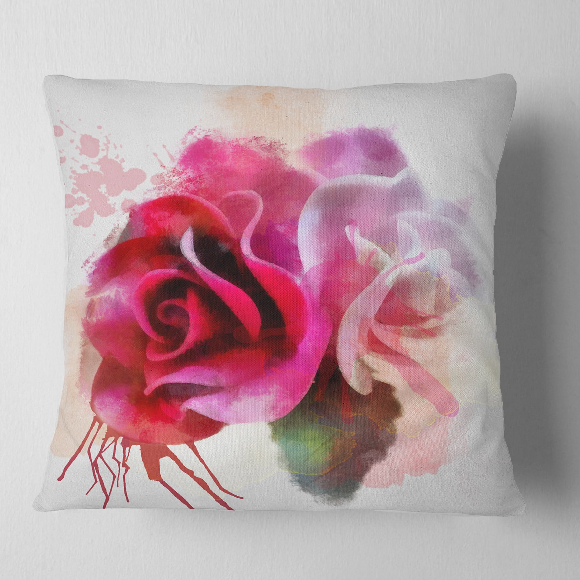 Designart White Red Roses with Color Splashes - Floral Throw Pillow - 18x18