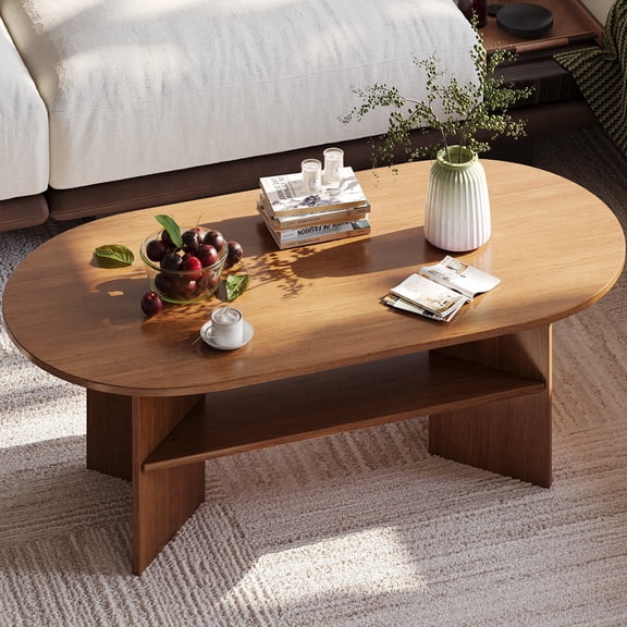 Gelloan 47" Modern Coffee Table,Oval Coffee Table,Double-layer Coffee Table with Sturdy Pedestal for Apartment,Living Room,Bedroom,Walnut