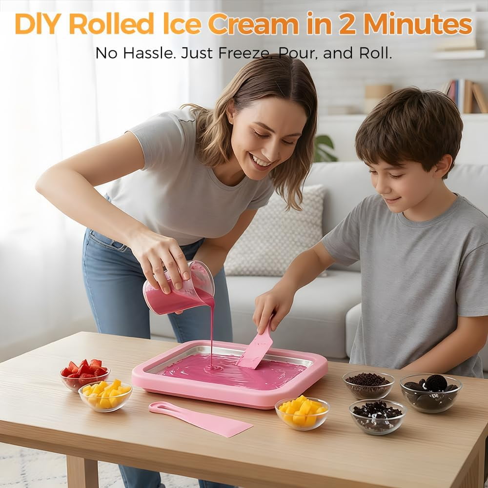 Rolled Ice Cream Maker Kit, 2026 New At-Home Stainless Steel Instant Freeze Plate with 2 Scrapers, DIY Rolled Ice Cream Tray, Perfect for Family Fun, Easy Homemade Desserts