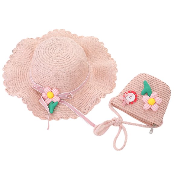 56-58cm hat circumference women's sunscreen hat beach sun hat summer straw hat sun hat and straw bag set - pink