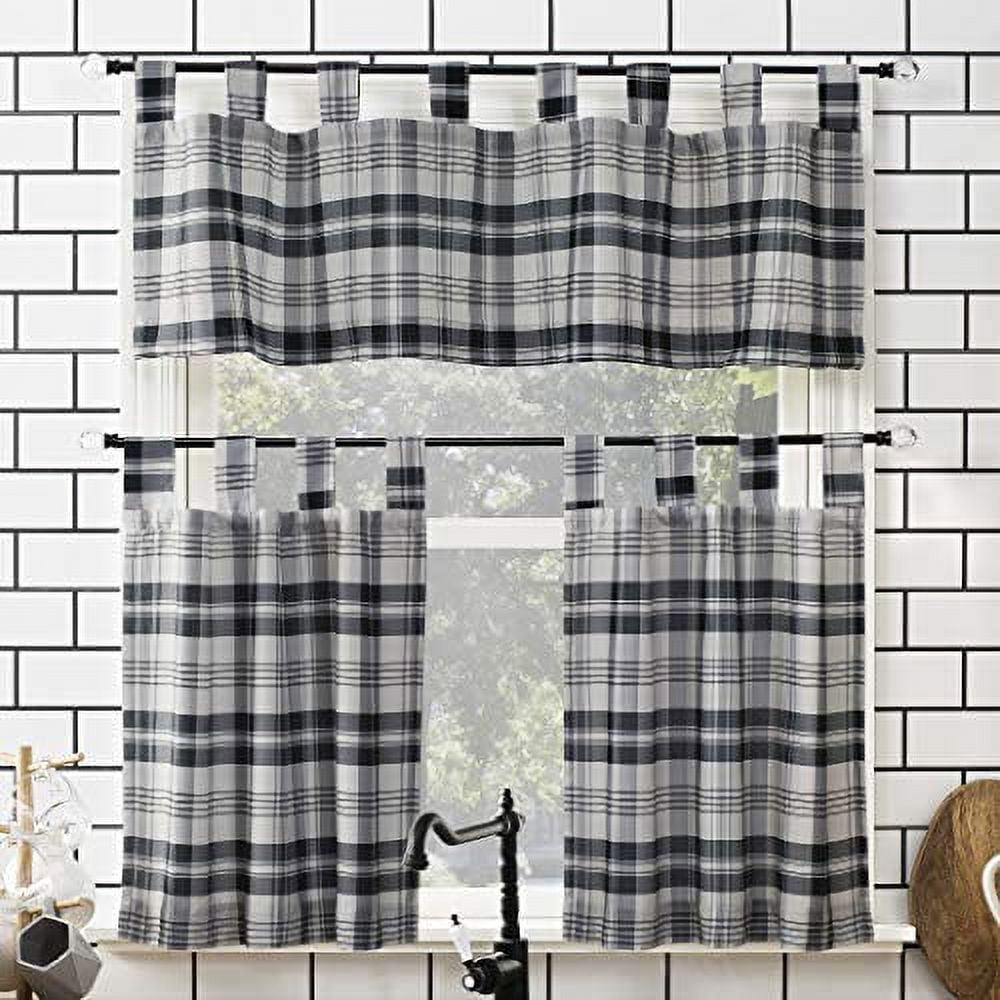No. 918 Blair Farmhouse Plaid Semi-Sheer Tab Top Kitchen Curtains, 52"x36", Coal