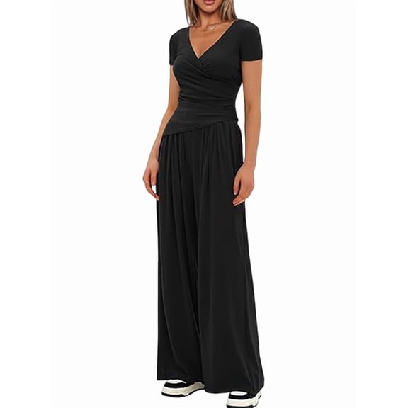 Womens V Neck Short Sleeve Top Wide Leg Pants Casual Comfortable Outfit Set Two Piece Black [Short Sleeve] XS