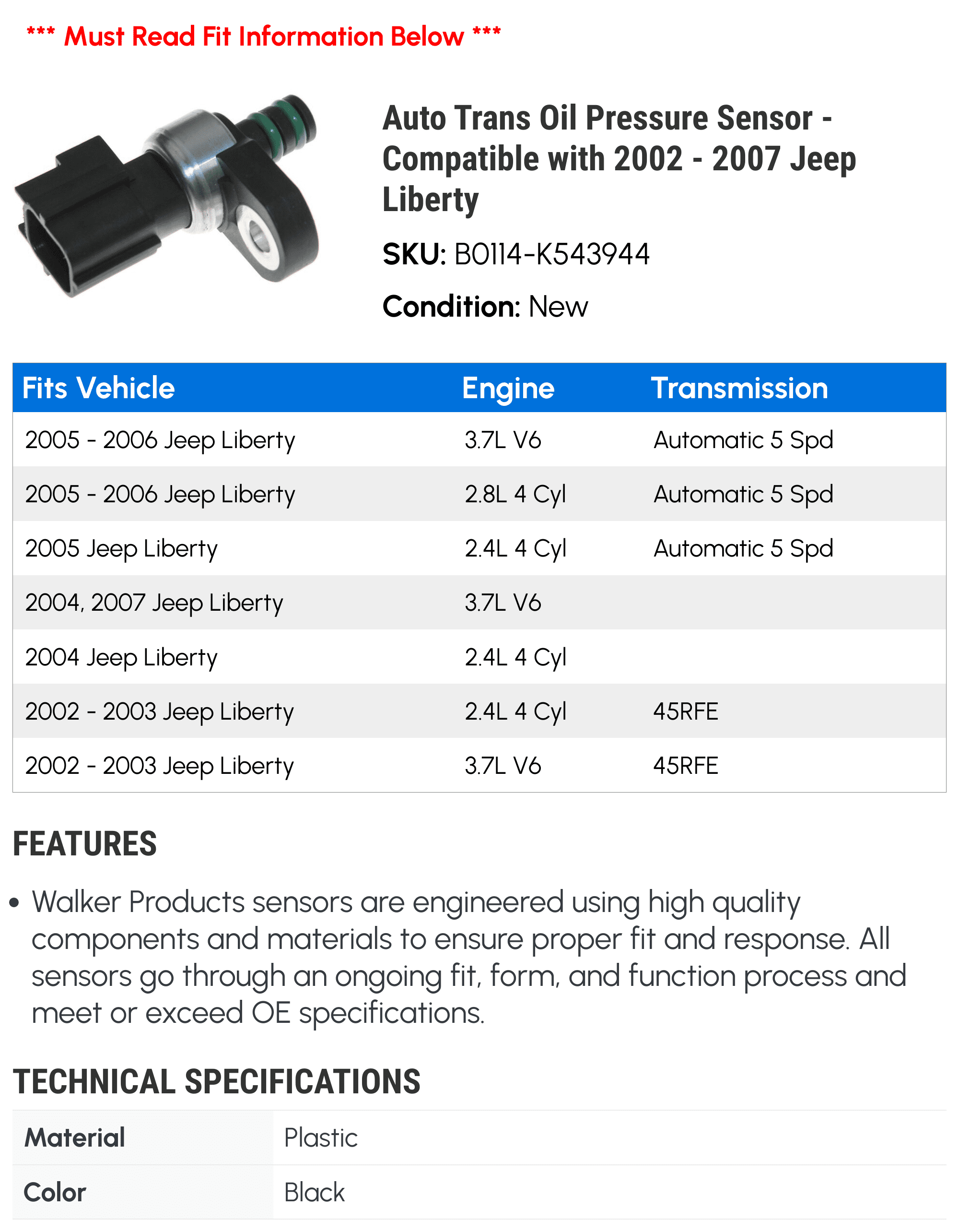 Auto Trans Oil Pressure Sensor - Compatible with 2002 - 2007 Jeep Liberty 2003 2004 2005 2006