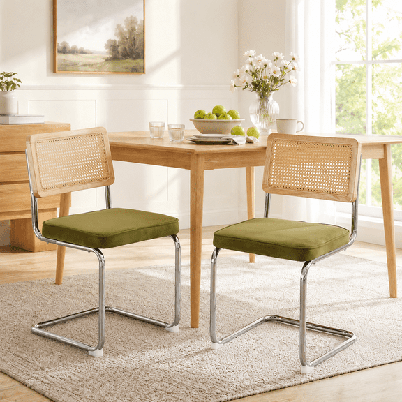 Dining Chairs Set of 2, PAPROOS Velvet Upholstered Kitchen Chairs, Mid Century Dining Room Side Chairs Sett with Cane Back and Stainless Steel Chrome Legs for Kitchen Living Room, Olive Green